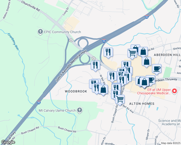 map of restaurants, bars, coffee shops, grocery stores, and more near 1005 Warwick Drive in Aberdeen