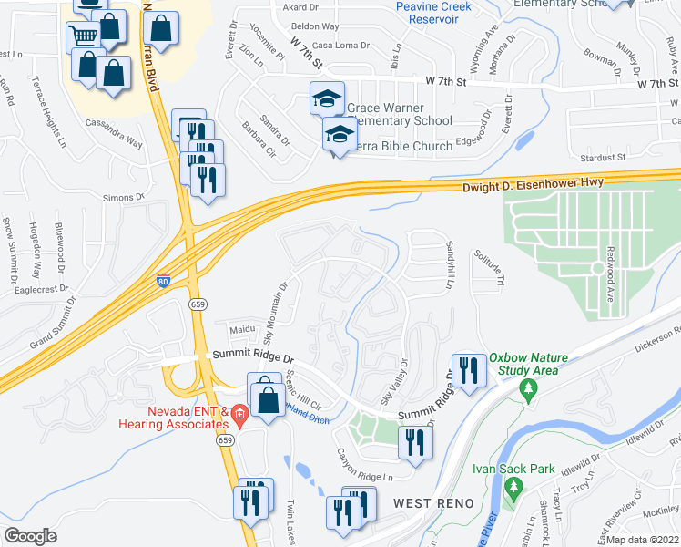 map of restaurants, bars, coffee shops, grocery stores, and more near 1680 Sky Mountain Drive in Reno