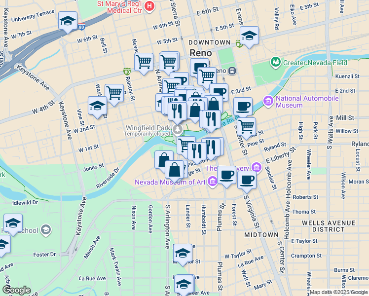 map of restaurants, bars, coffee shops, grocery stores, and more near 260 Island Avenue in Reno