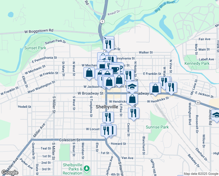 map of restaurants, bars, coffee shops, grocery stores, and more near 32 East Broadway Street in Shelbyville