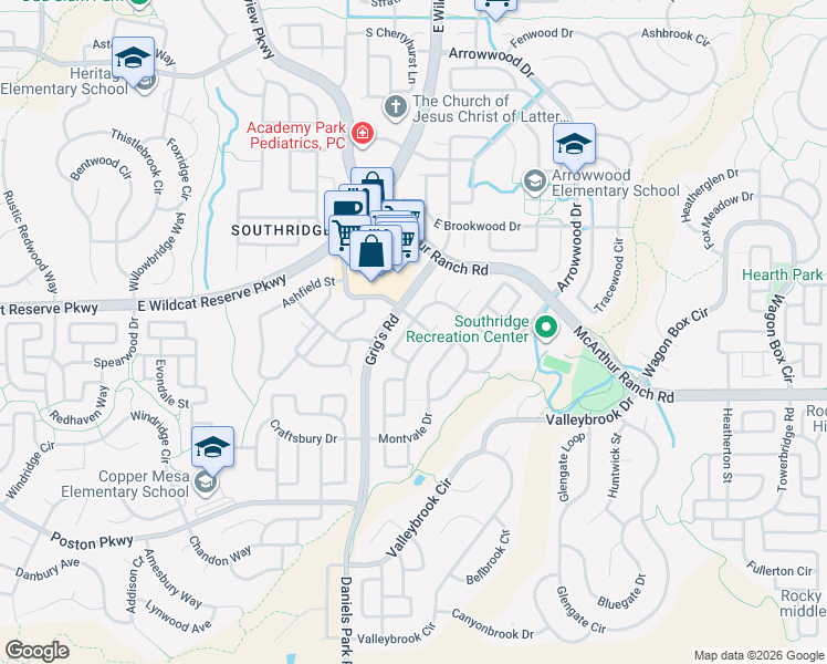 map of restaurants, bars, coffee shops, grocery stores, and more near 10606 Cliffrose Way in Littleton
