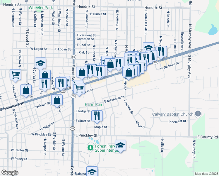 map of restaurants, bars, coffee shops, grocery stores, and more near 118 South Alabama Street in Brazil