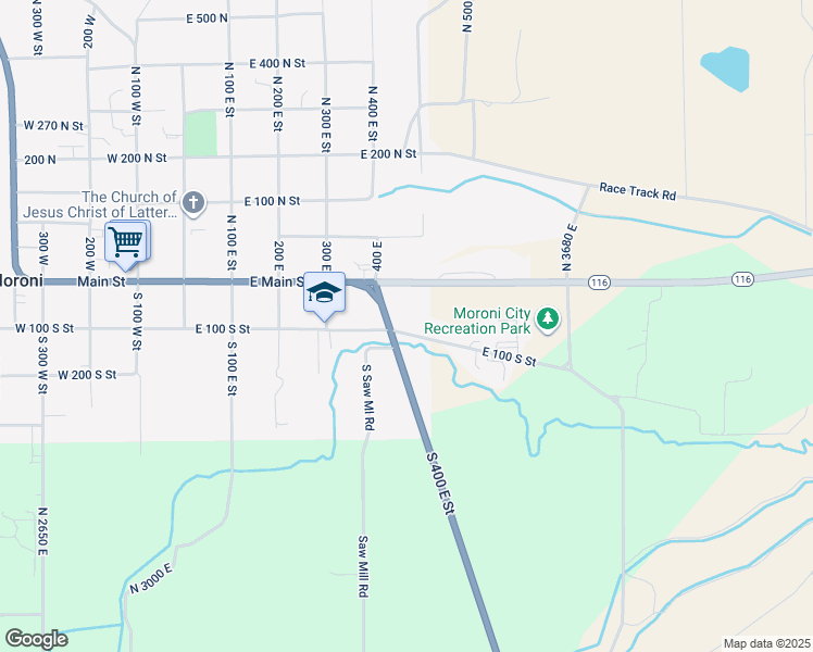 map of restaurants, bars, coffee shops, grocery stores, and more near 445 East 100 South in Moroni