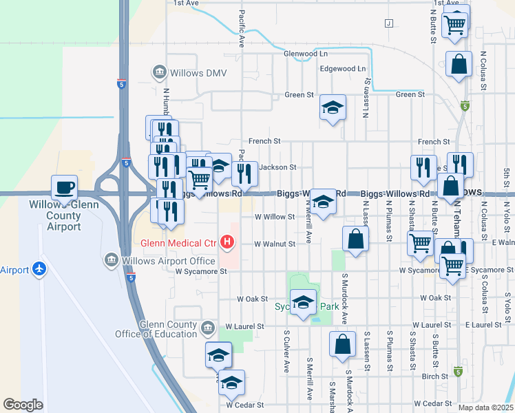 map of restaurants, bars, coffee shops, grocery stores, and more near 335 North Crawford Avenue in Willows