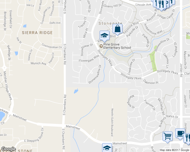 map of restaurants, bars, coffee shops, grocery stores, and more near 10571 Stonemeadow Drive in Parker