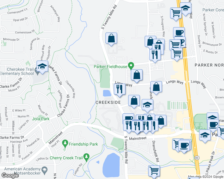 map of restaurants, bars, coffee shops, grocery stores, and more near 10628 20 Mile Rd in Parker