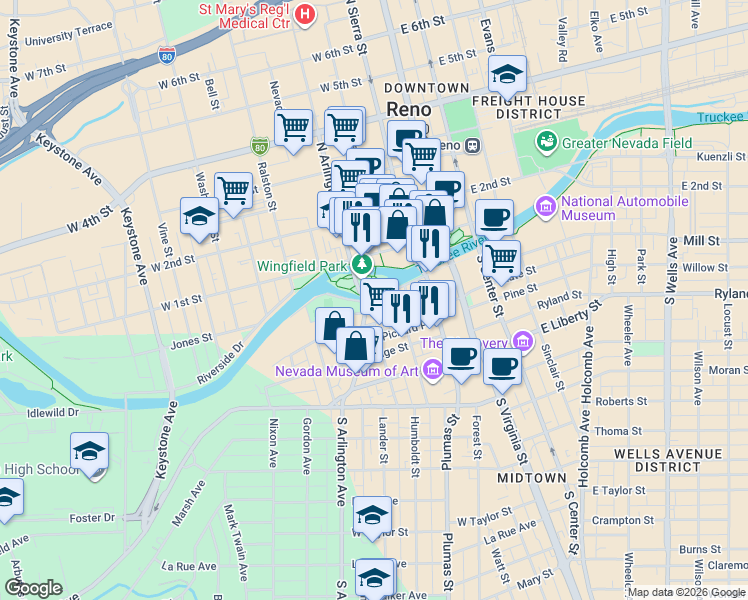 map of restaurants, bars, coffee shops, grocery stores, and more near 260 Island Avenue in Reno