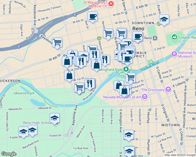 map of restaurants, bars, coffee shops, grocery stores, and more near 50 W Washington Street in Reno