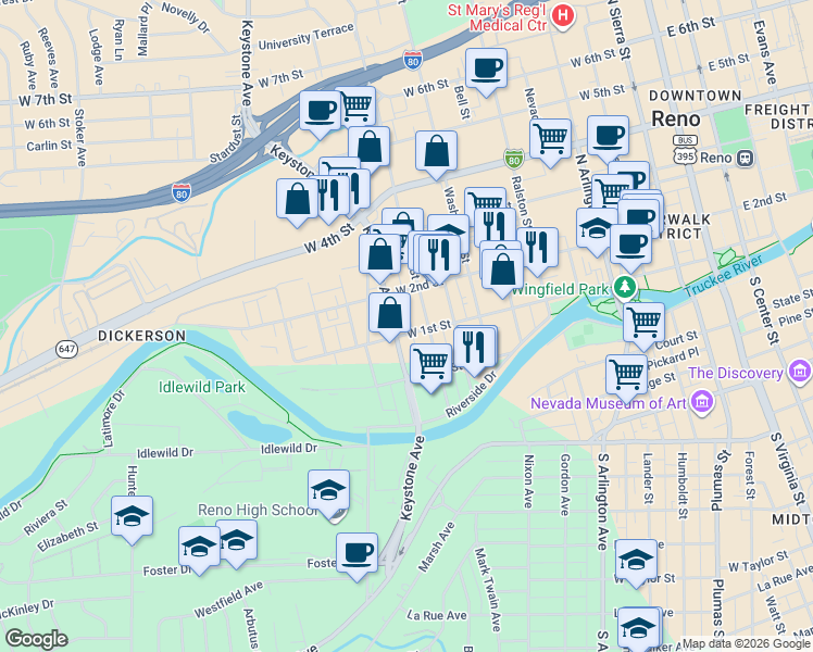 map of restaurants, bars, coffee shops, grocery stores, and more near 923 West 1st Street in Reno