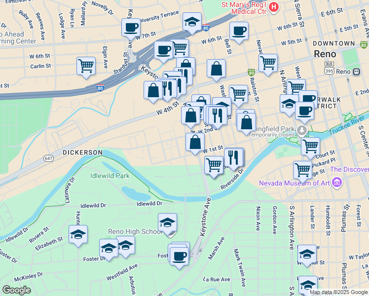 map of restaurants, bars, coffee shops, grocery stores, and more near 103 Keystone Avenue in Reno