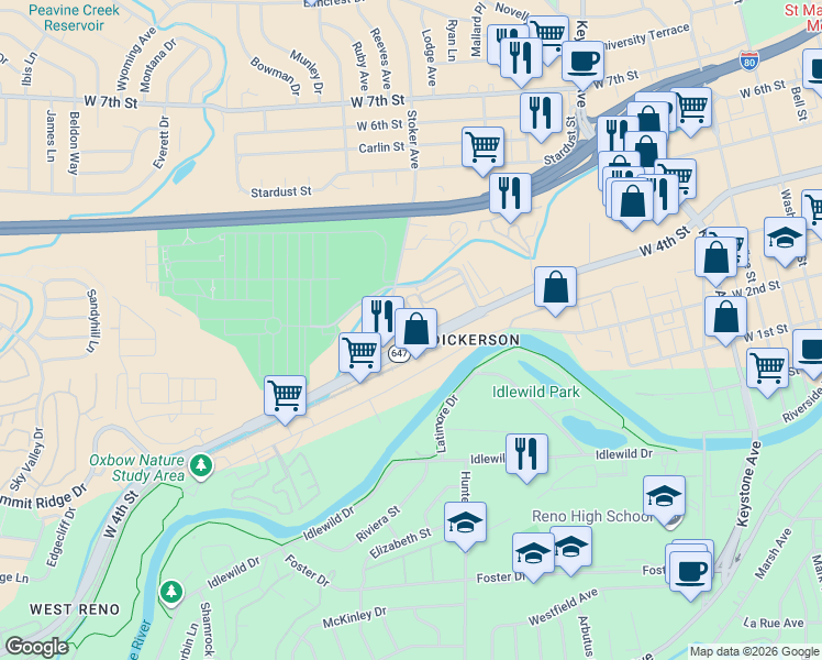map of restaurants, bars, coffee shops, grocery stores, and more near in Reno