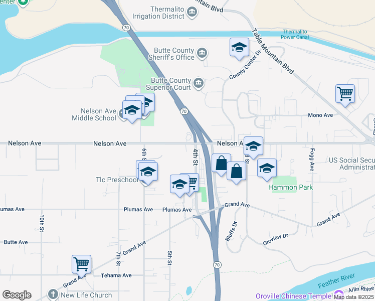 map of restaurants, bars, coffee shops, grocery stores, and more near 425 Nelson Avenue in Oroville