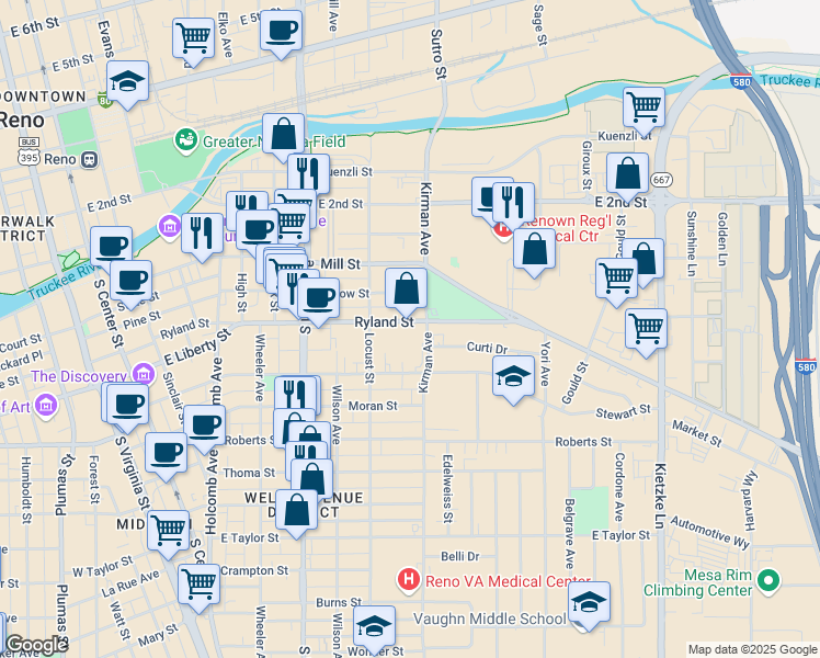 map of restaurants, bars, coffee shops, grocery stores, and more near 960 Ryland Street in Reno