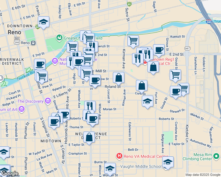 map of restaurants, bars, coffee shops, grocery stores, and more near 900 Ryland Street in Reno