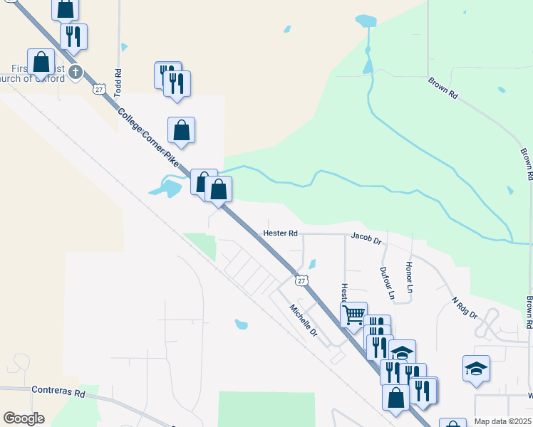 map of restaurants, bars, coffee shops, grocery stores, and more near 6375 Hester Road in Oxford