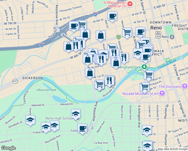 map of restaurants, bars, coffee shops, grocery stores, and more near 923 West 1st Street in Reno