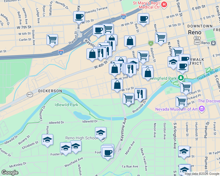 map of restaurants, bars, coffee shops, grocery stores, and more near 103 Keystone Avenue in Reno