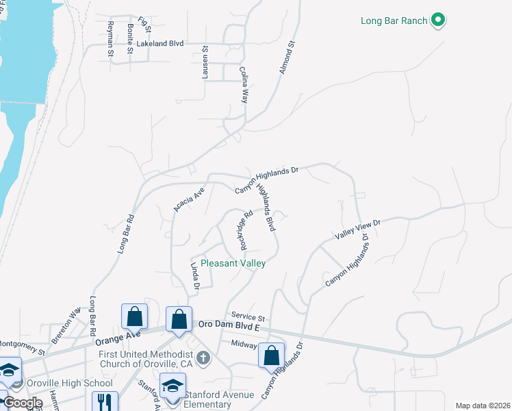 map of restaurants, bars, coffee shops, grocery stores, and more near 6 Rockridge Road in Oroville