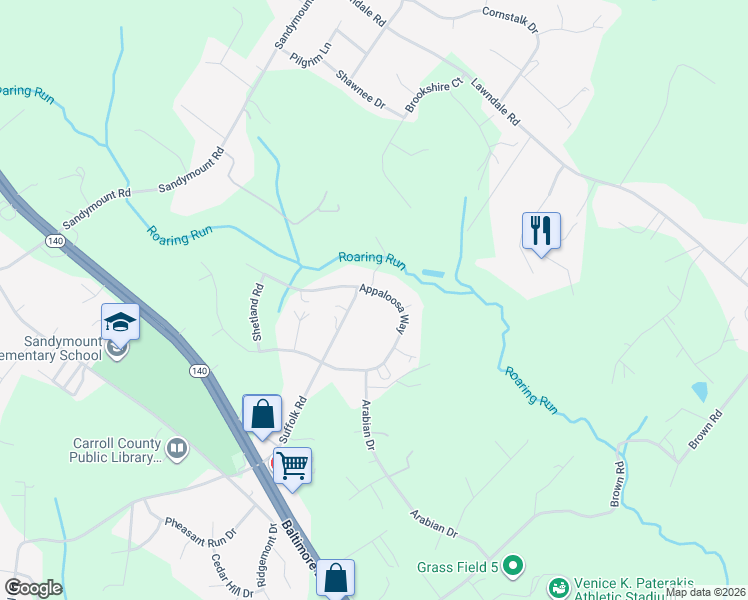 map of restaurants, bars, coffee shops, grocery stores, and more near 2431 Appaloosa Way in Finksburg