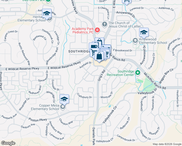 map of restaurants, bars, coffee shops, grocery stores, and more near 10612 Clearview Lane in Littleton