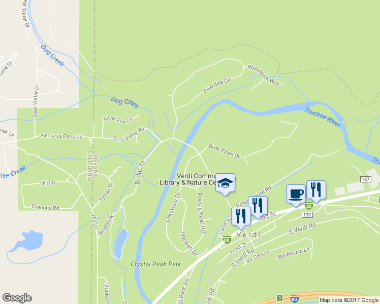 map of restaurants, bars, coffee shops, grocery stores, and more near 455 Lakeview Drive in Verdi