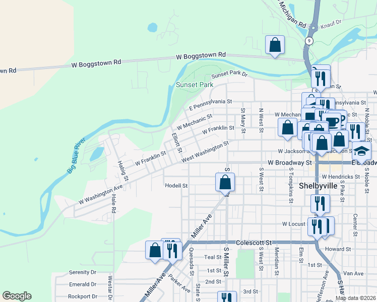 map of restaurants, bars, coffee shops, grocery stores, and more near 528 West Washington Street in Shelbyville
