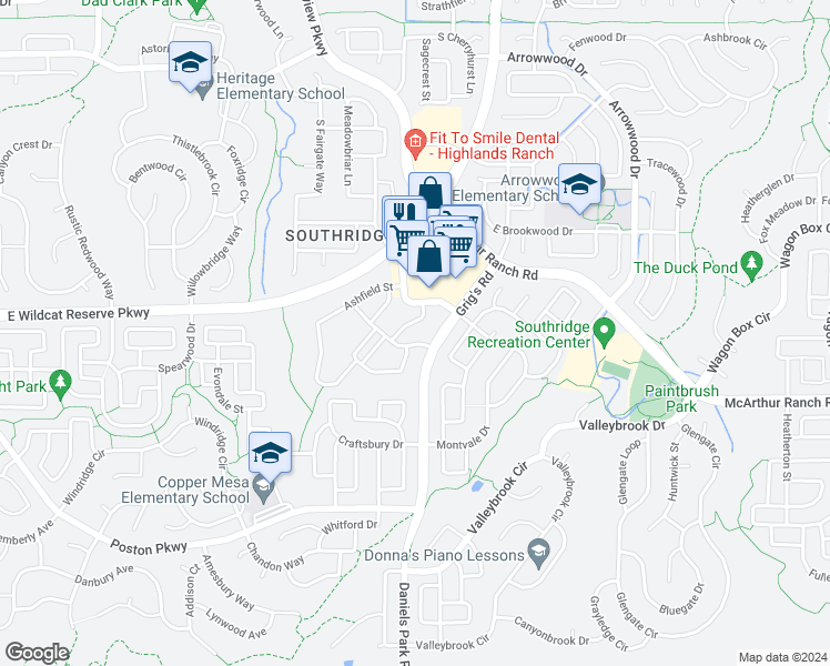 map of restaurants, bars, coffee shops, grocery stores, and more near 10580 Parkington Lane in Littleton