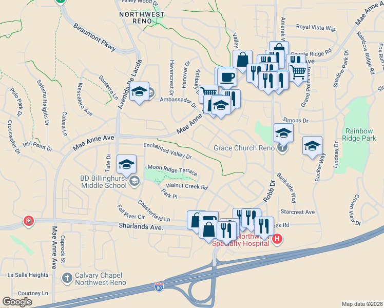 map of restaurants, bars, coffee shops, grocery stores, and more near 6380 Enchanted Valley Drive in Reno