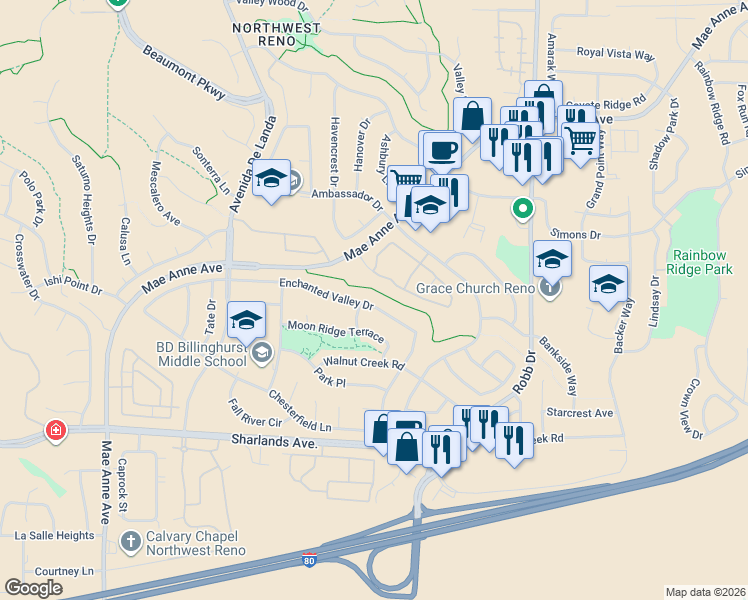 map of restaurants, bars, coffee shops, grocery stores, and more near 6380 Enchanted Valley Drive in Reno