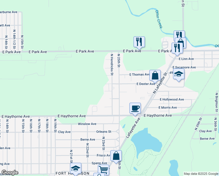map of restaurants, bars, coffee shops, grocery stores, and more near 2300-2398 East Lemar Avenue in North Terre Haute