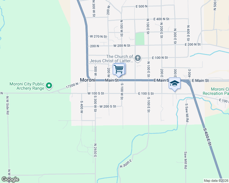 map of restaurants, bars, coffee shops, grocery stores, and more near 158 West 100 South Street in Moroni