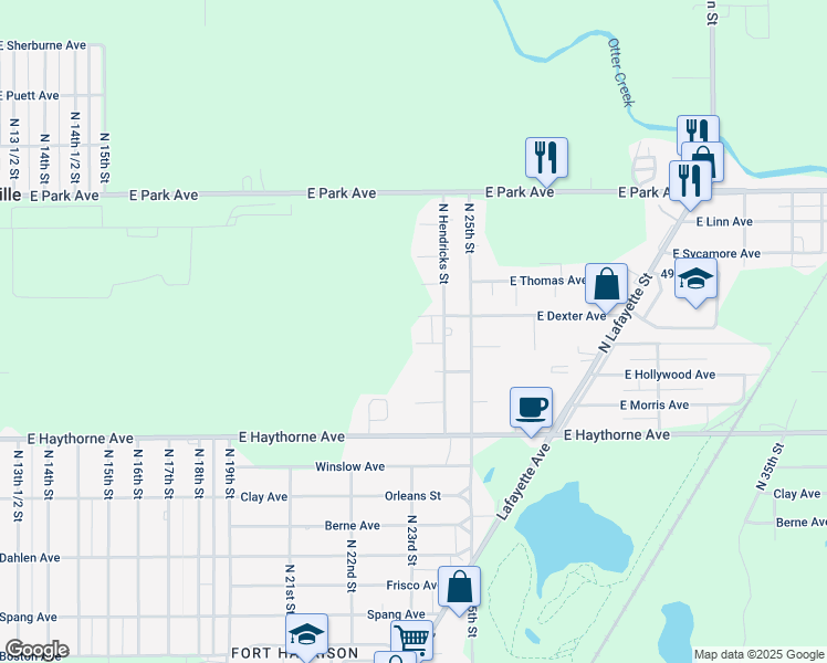 map of restaurants, bars, coffee shops, grocery stores, and more near 2300 East Lemar Avenue in Terre Haute