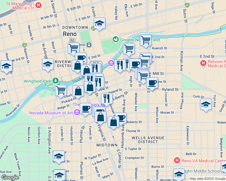 map of restaurants, bars, coffee shops, grocery stores, and more near 243 Ryland Street in Reno