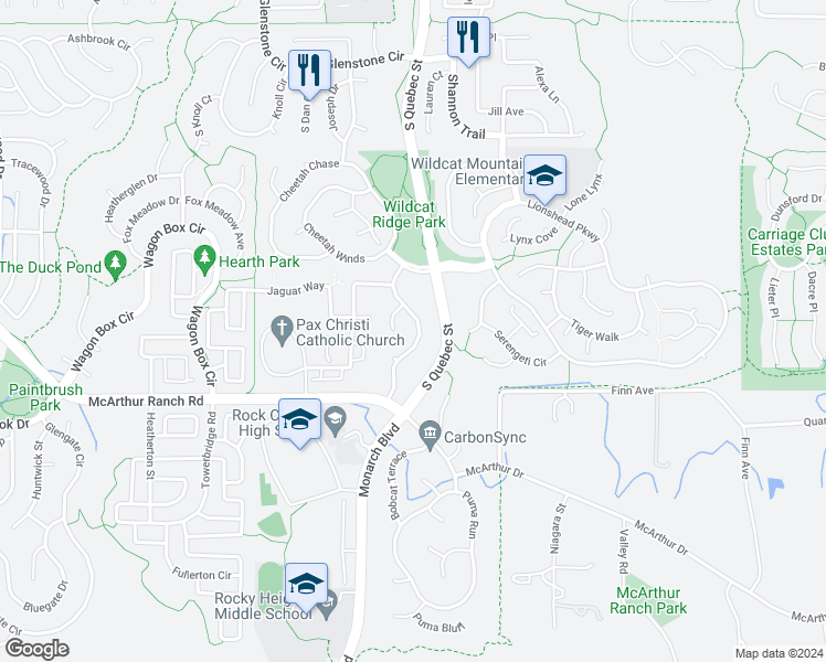 map of restaurants, bars, coffee shops, grocery stores, and more near 10601 Jaguar Point in Lone Tree