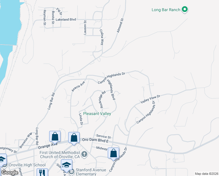 map of restaurants, bars, coffee shops, grocery stores, and more near 6 Rockridge Road in Oroville