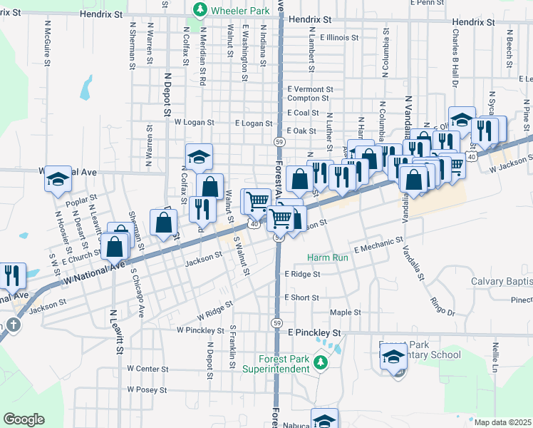 map of restaurants, bars, coffee shops, grocery stores, and more near 100 East National Avenue in Brazil