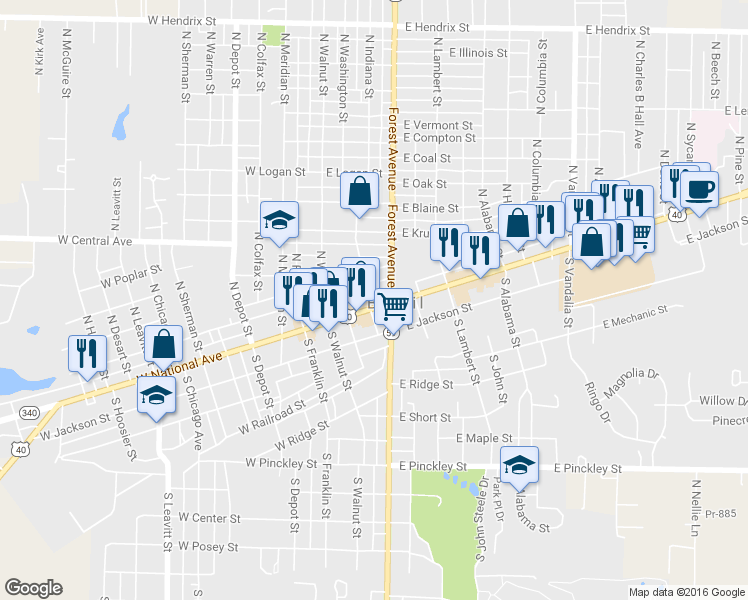 map of restaurants, bars, coffee shops, grocery stores, and more near 100 East National Avenue in Brazil
