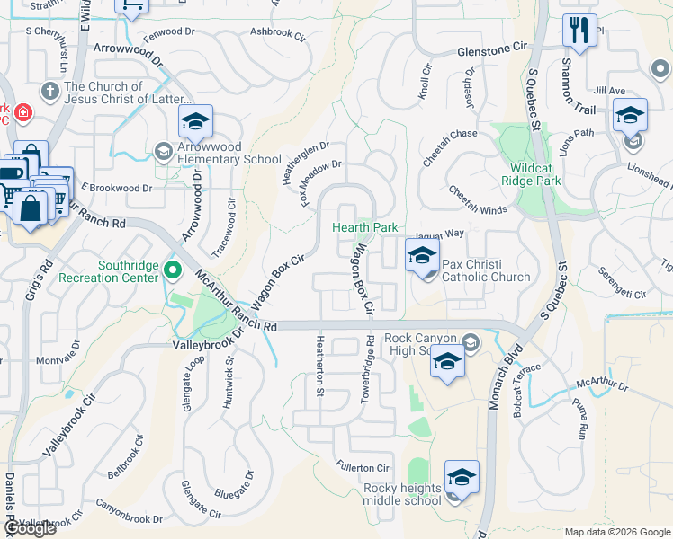 map of restaurants, bars, coffee shops, grocery stores, and more near 5350 Windflower Lane in Littleton