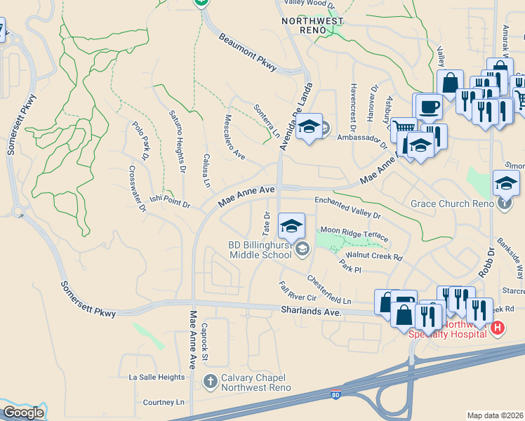 map of restaurants, bars, coffee shops, grocery stores, and more near 1286 Dawson Drive in Reno
