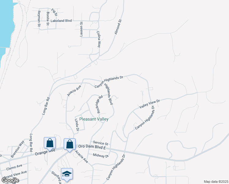 map of restaurants, bars, coffee shops, grocery stores, and more near 0 Highlands Boulevard in Oroville