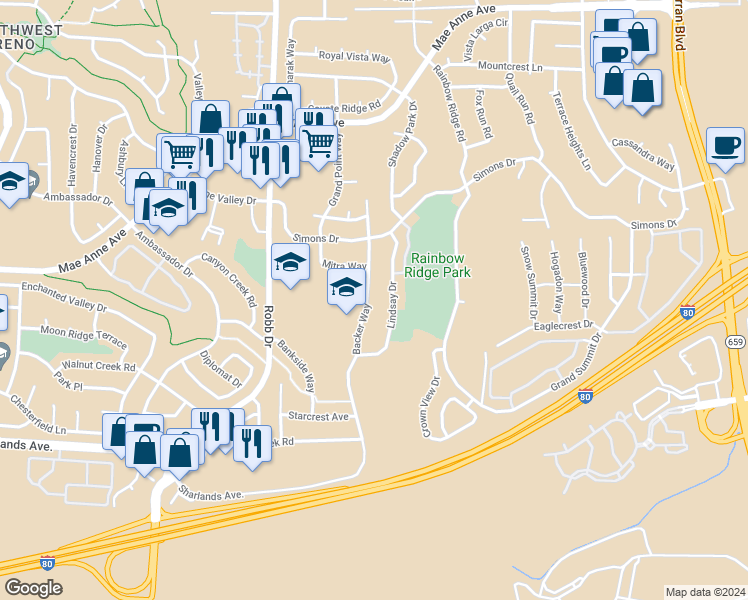 map of restaurants, bars, coffee shops, grocery stores, and more near 1388 Backer Way in Reno