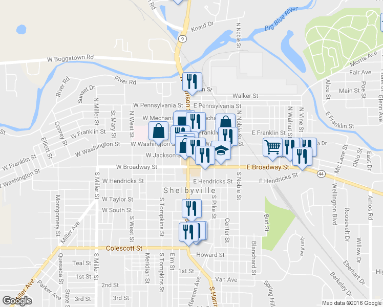 map of restaurants, bars, coffee shops, grocery stores, and more near 20 South Harrison Street in Shelbyville