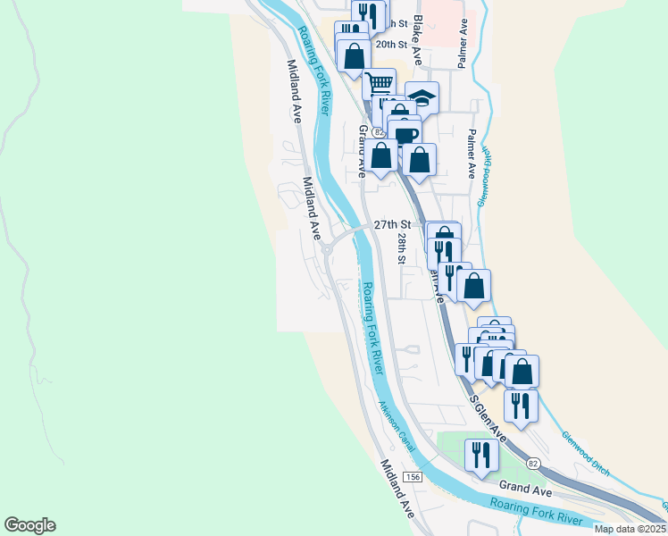 map of restaurants, bars, coffee shops, grocery stores, and more near 2800 Midland Avenue in Glenwood Springs