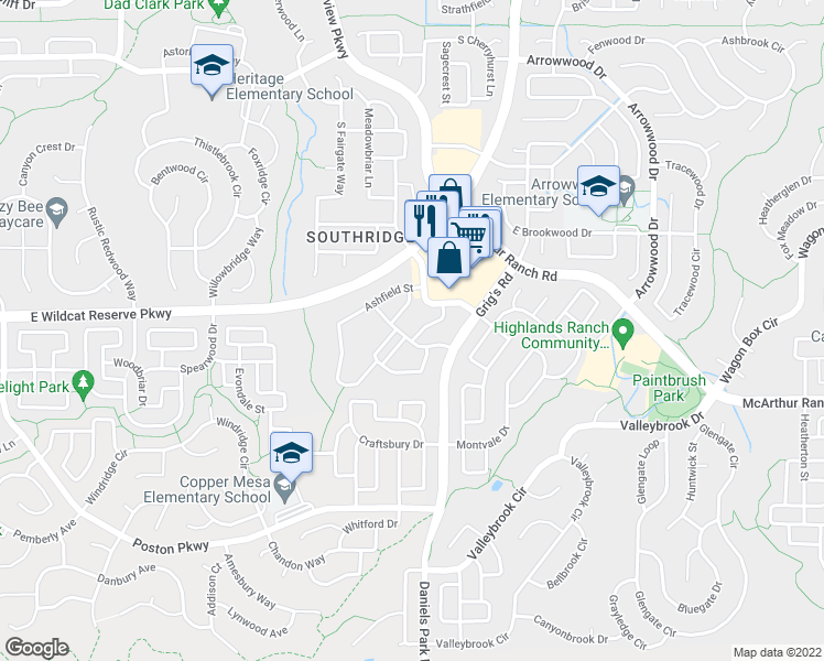 map of restaurants, bars, coffee shops, grocery stores, and more near 10612 Clearview Lane in Littleton
