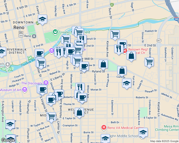 map of restaurants, bars, coffee shops, grocery stores, and more near 810 Ryland Street in Reno