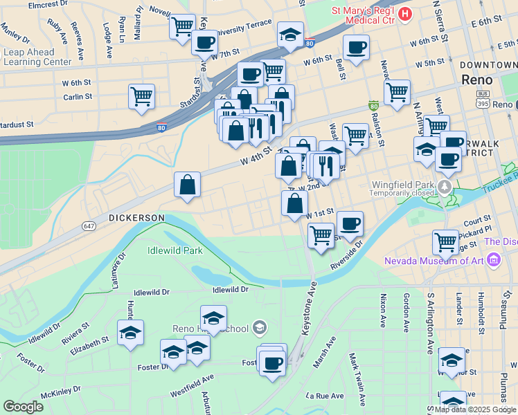 map of restaurants, bars, coffee shops, grocery stores, and more near 155 Gardner Street in Reno