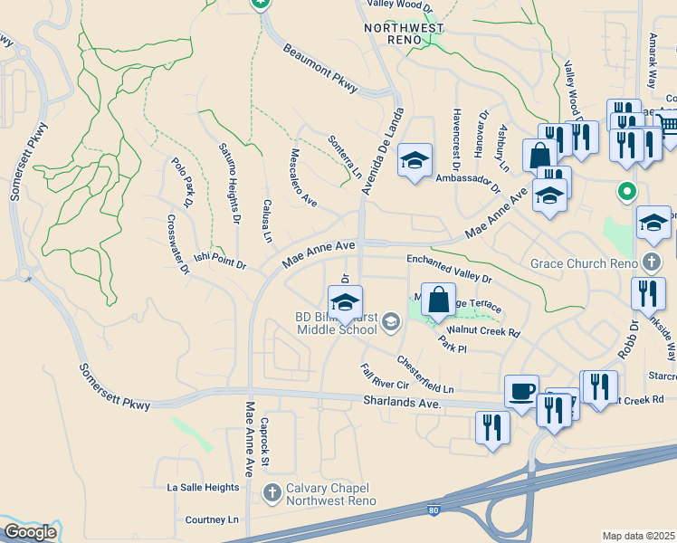 map of restaurants, bars, coffee shops, grocery stores, and more near 1286 Dawson Drive in Reno