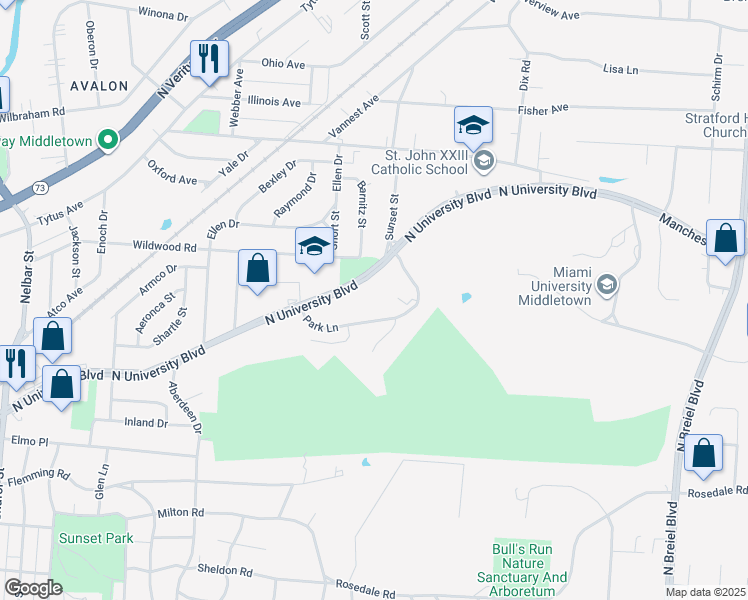 map of restaurants, bars, coffee shops, grocery stores, and more near 1000 Park Lane in Middletown