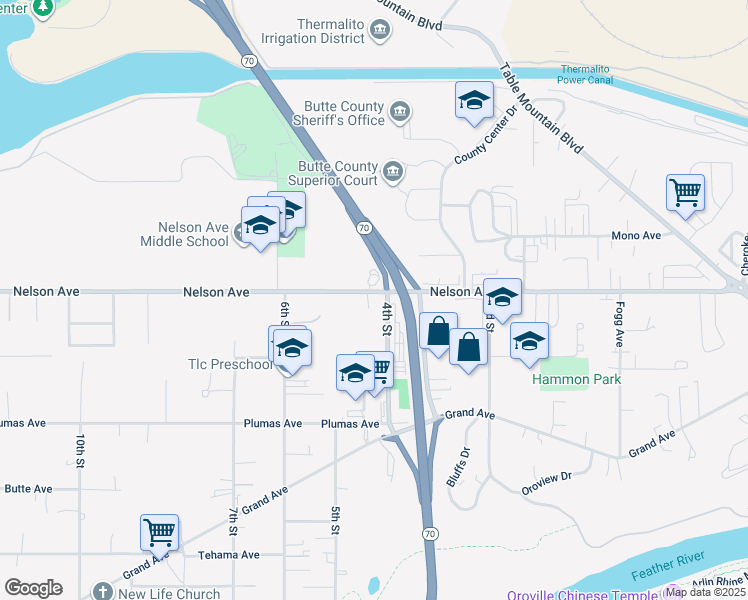 map of restaurants, bars, coffee shops, grocery stores, and more near 425 Nelson Avenue in Oroville