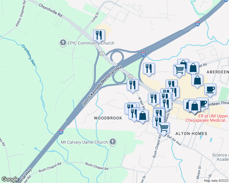 map of restaurants, bars, coffee shops, grocery stores, and more near 1013 Warwick Drive in Aberdeen